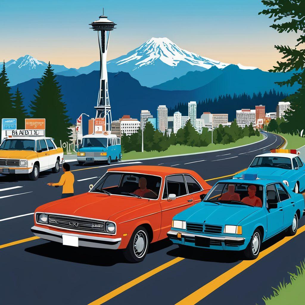 A detailed illustration showing a diverse group of people happily interacting with various steps of getting a driver's license in Washington State. The image should include elements like a driver's test, DMV office, license cards being exchanged, and a marked road with a car. The background should incorporate iconic Washington State landmarks such as the Space Needle and Mount Rainier. vector art. vibrant colors.