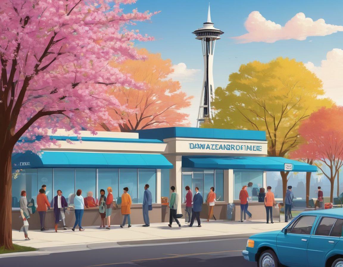 A bustling Washington DMV office with friendly staff assisting diverse citizens; detailed signs guiding through applications, renewals, and various services; a backdrop featuring iconic Washington landmarks like the Space Needle and cherry blossoms. vector art. vibrant colors.