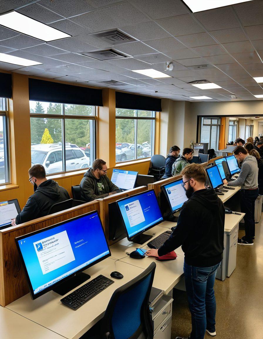 A bustling DMV office in Washington State with people efficiently navigating kiosks, filling out forms at counters, and smiling staff assisting. Highlight a serene corner where someone is renewing their license on a laptop. Clear signage and the Washington State flag visible. super-realistic. vibrant colors.